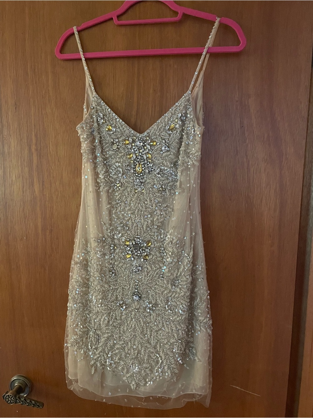 Beaded Nude Mini Dress with V-Neck